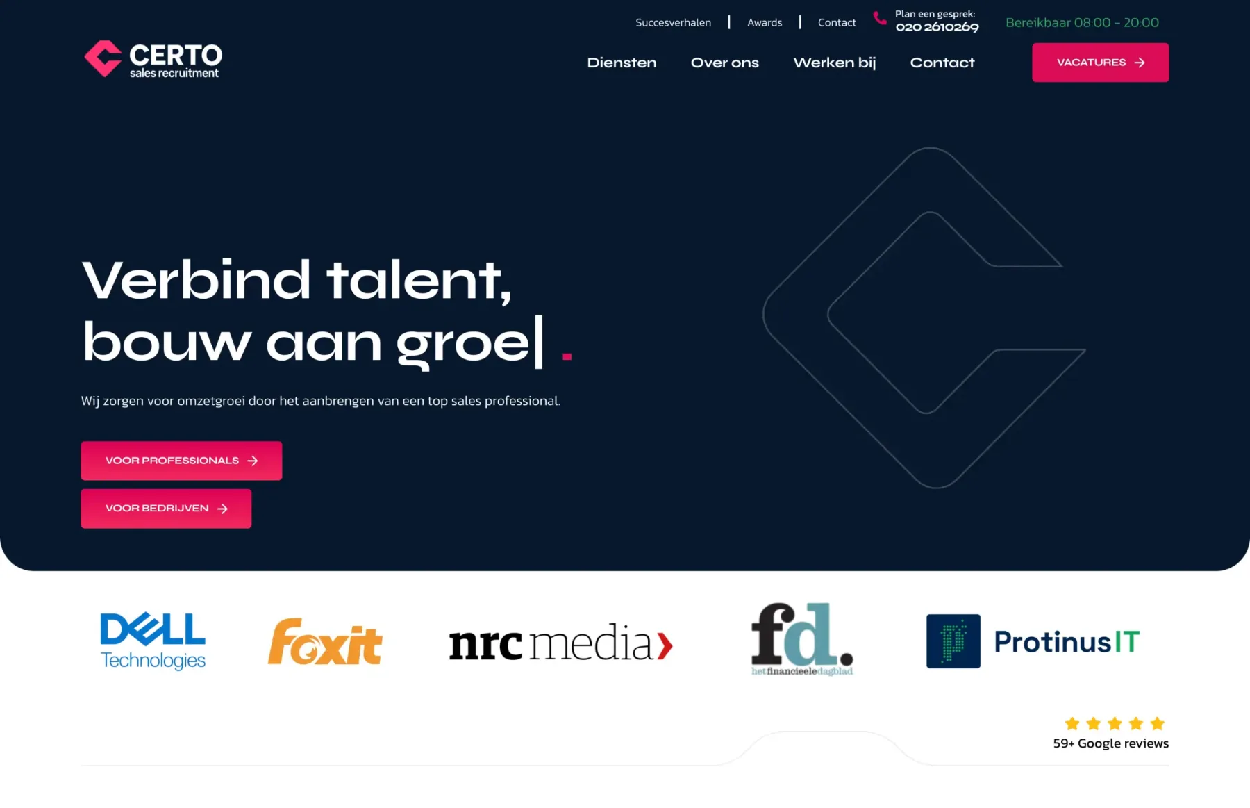 Homepage van Certo Sales Recruitment, gebouwd door Developercode