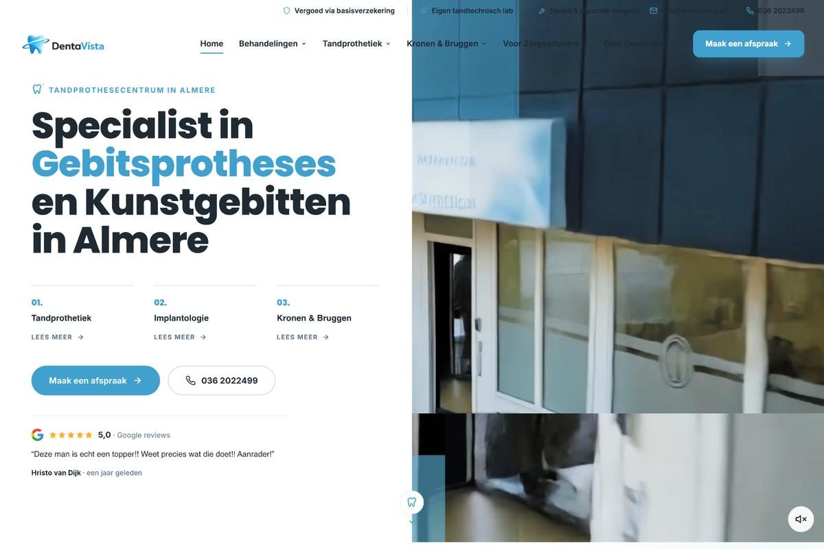 Homepage van tandartspraktijk Dentavista op desktop