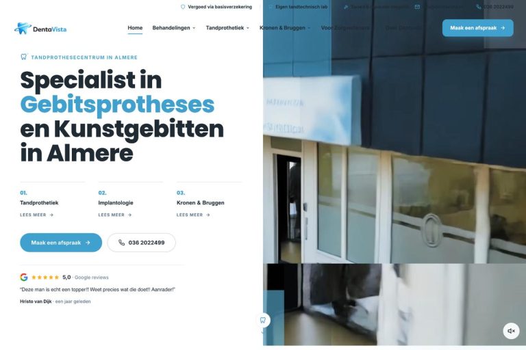 Homepage van tandartspraktijk Dentavista op desktop
